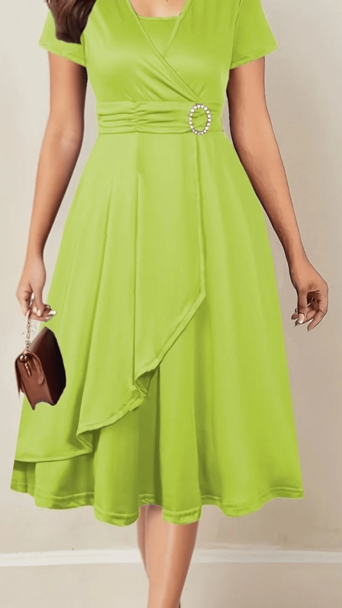 VELORÉA - Women’s Rhinestone V-Neck Asymmetrical Midi Dress