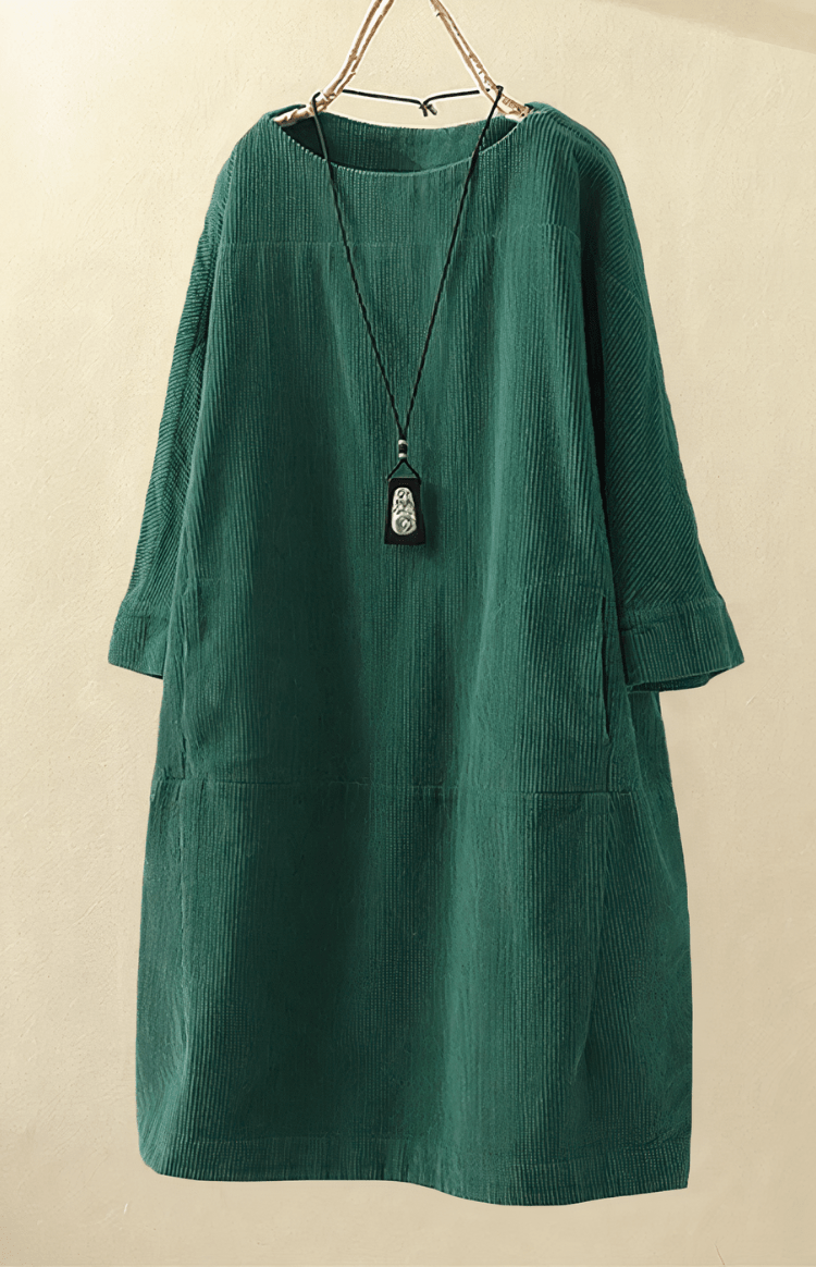 SOFTSTRIDE – Premium Corduroy Texture Midi Dress with Three-Quarter Length Sleeves
