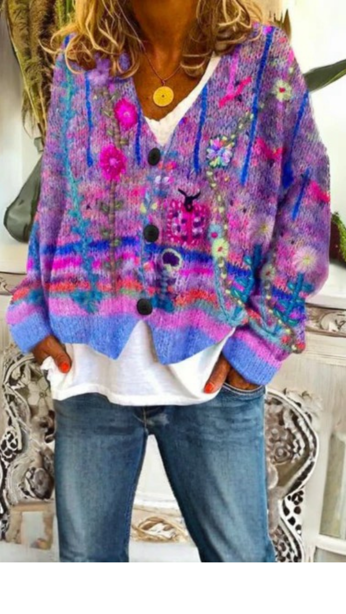 ELARA - Floral Knit Button Cardigan