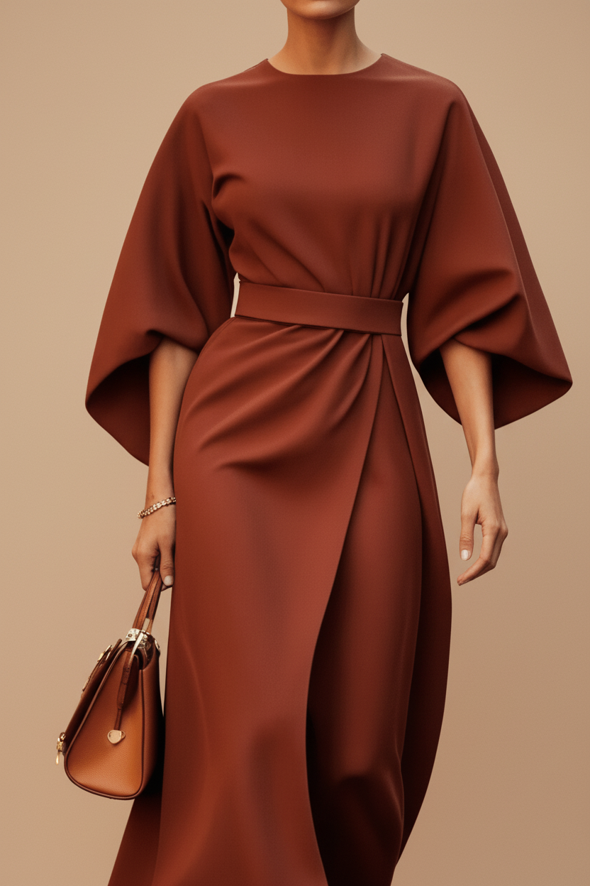 GLAMOURÉ – Elegant Lantern Sleeve Formal Dress with Waist-Cinching Belt Perfect for Weddings and Summer Events