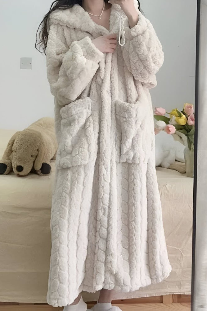 Cozy Warm Hooded Bathrobe for Women - Long Sleeve Dressing Gown with Pockets 5