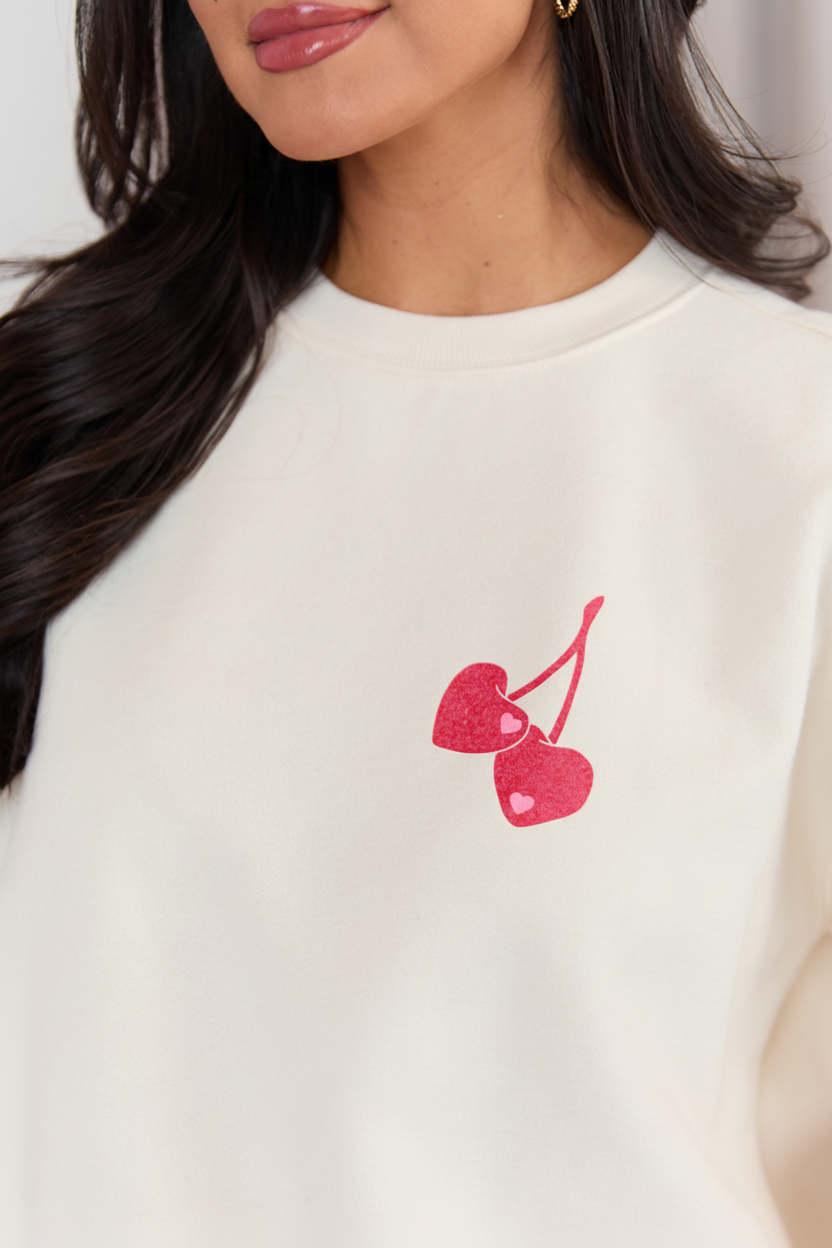 Cream Graphic Sweatshirt with Cherry Design for Valentine's Day - Relaxed Fit 5