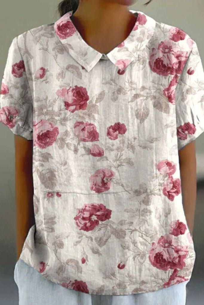CLASSIFLOR – Elegant Floral Cotton Blouse with Short Sleeves for Daily Style