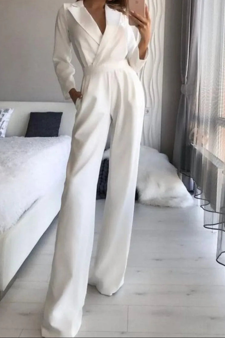 Elegant Women's Jumpsuit - Slim Fit V-Neck Design, Comfortable Cotton-Polyester Blend 3