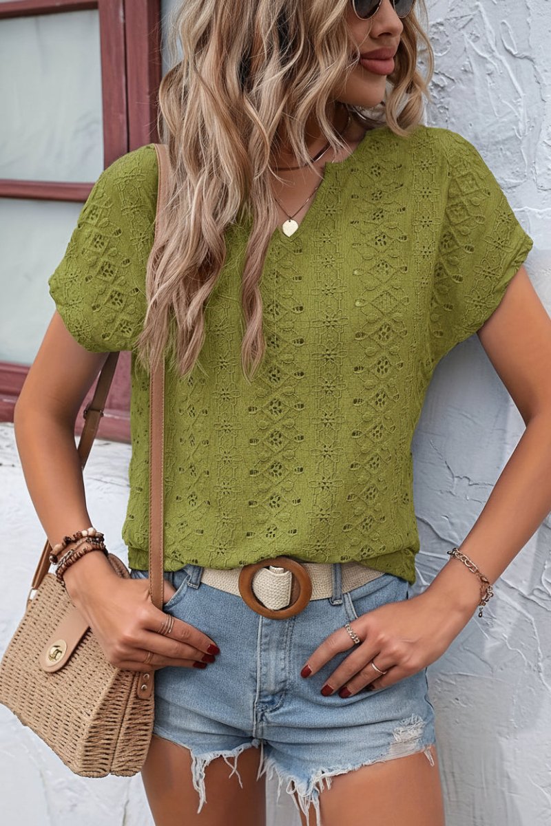 Heidi - Notched Neckline T-Shirt with Eyelet Embroidery for Effortless Style 10