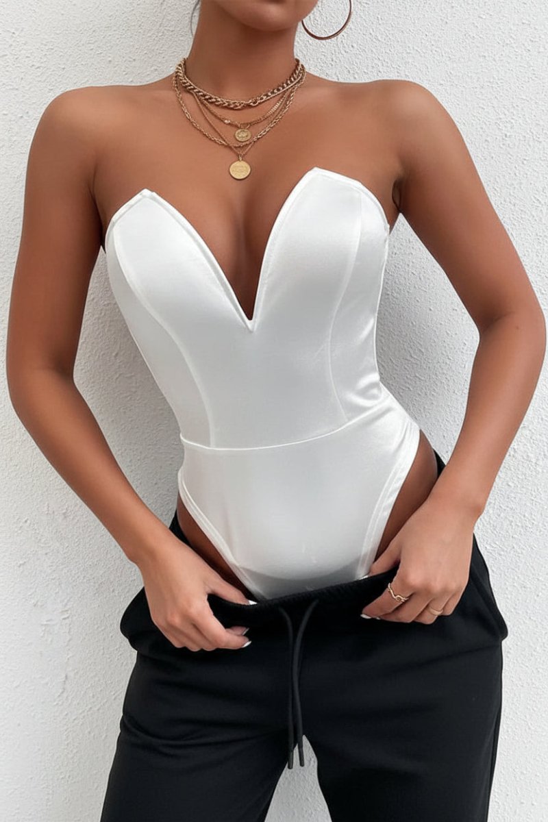 Heidi Fashion - Strapless Satin Bodysuit with V-Neckline for Elegant Style 4