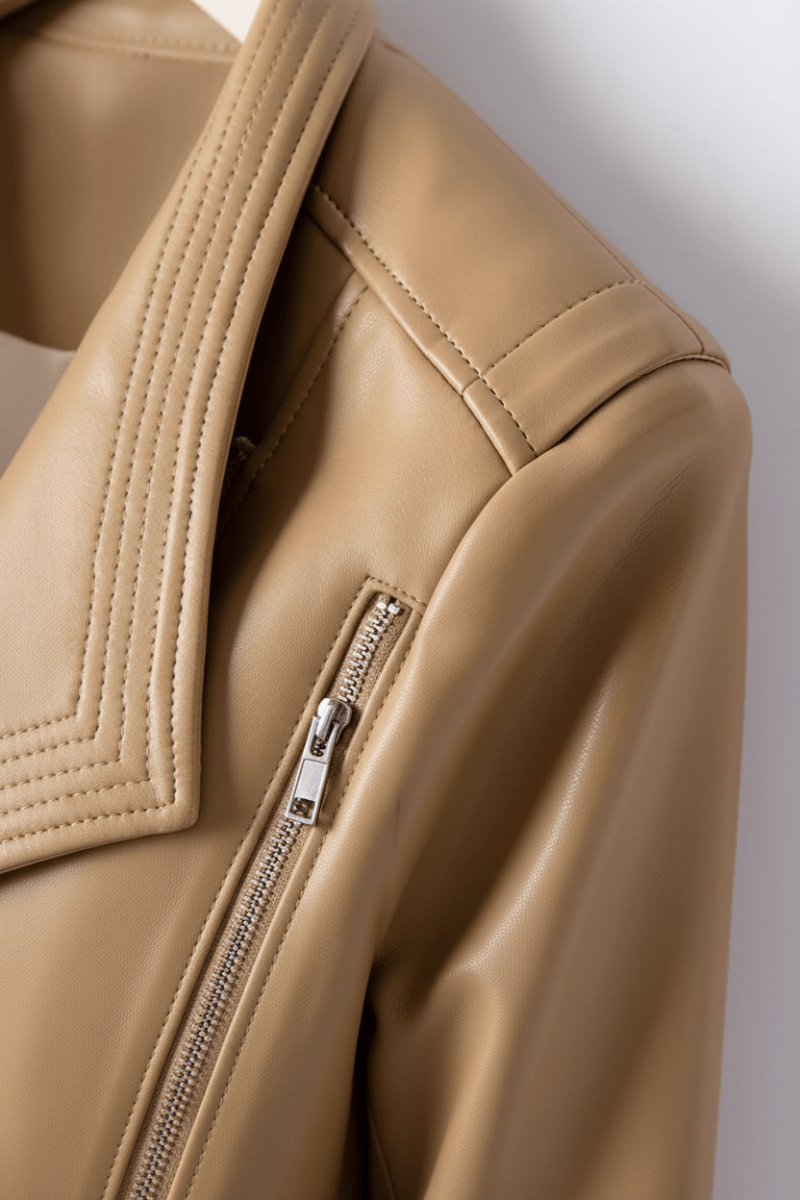 Marcella - Women's Genuine Leather Jacket with Asymmetrical Zip & V-Collar 7