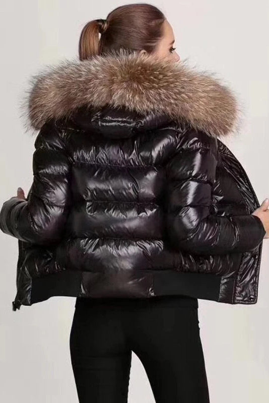 NIVELLE – Modern Black Women’s Puffer Jacket with Faux Fur Hood