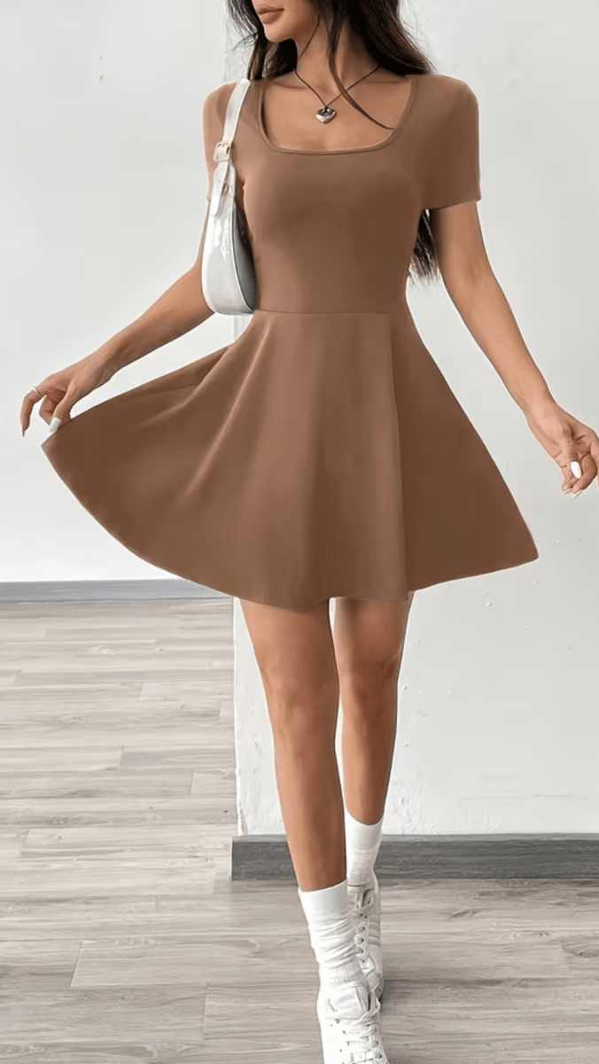 SOLÉNZA - Women’s Square Neck Fit and Flare Mini Dress