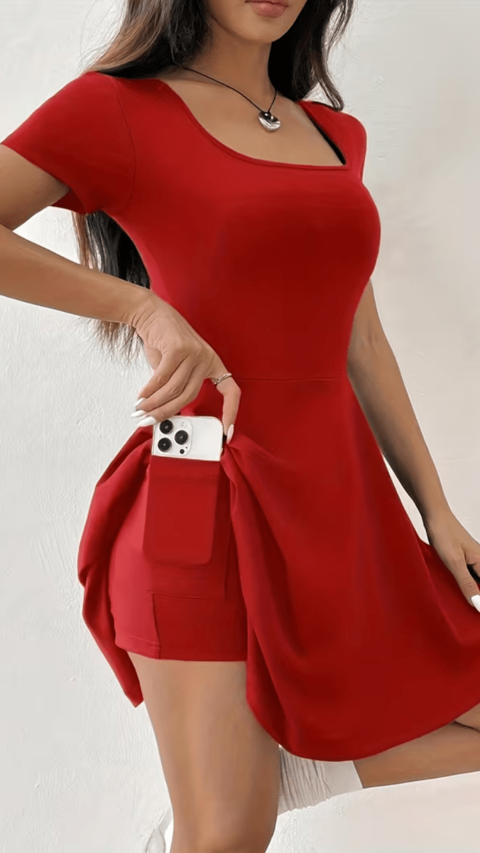 SOLÉNZA - Women’s Square Neck Fit and Flare Mini Dress