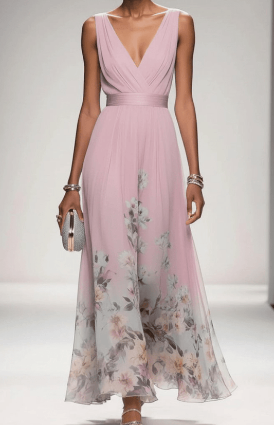 ELORIA – Elegant Floral Chiffon Maxi Dress for Women, Soft Flowing Fit