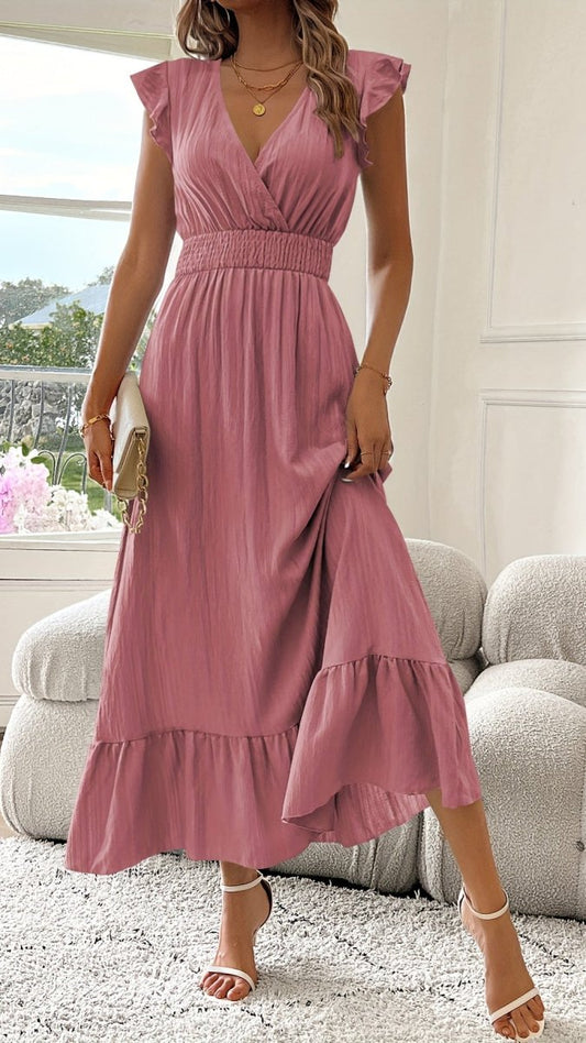 AZURELLE - Women’s Deep V-Neck Ruffle Sleeve Maxi Dress