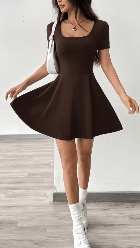 SOLÉNZA - Women’s Square Neck Fit and Flare Mini Dress