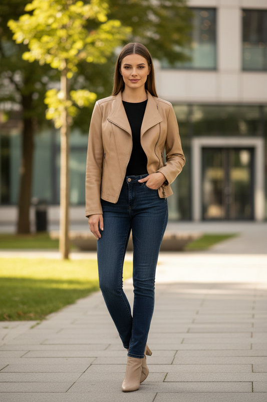 NOIRÉVA – Women’s Leather Jacket with Asymmetrical Zip and V-Collar Design