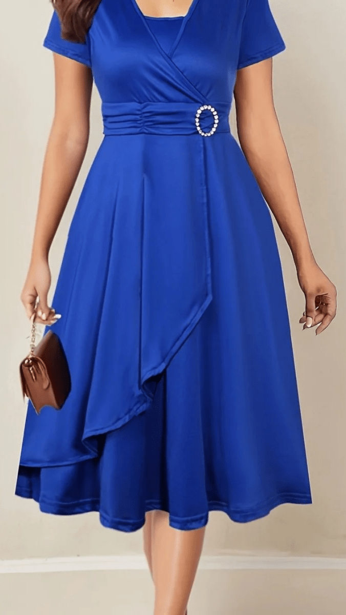 VELORÉA - Women’s Rhinestone V-Neck Asymmetrical Midi Dress