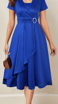 VELORÉA - Women’s Rhinestone V-Neck Asymmetrical Midi Dress