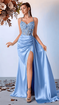 CELESTARA - Women’s Embroidered Lace Satin Slit Maxi Gown