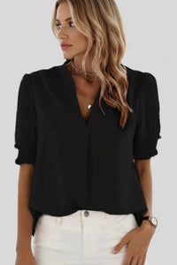 FLUVELLE – Lightweight V-Neck Chiffon Blouse with Soft Volume Sleeves