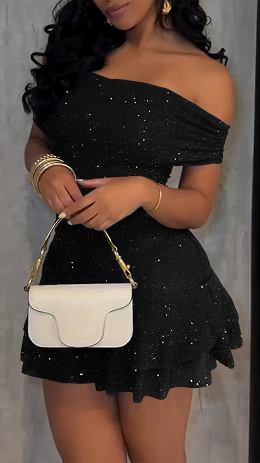 VELORIA - Women’s Off-Shoulder Shimmer Ruffle Mini Dress