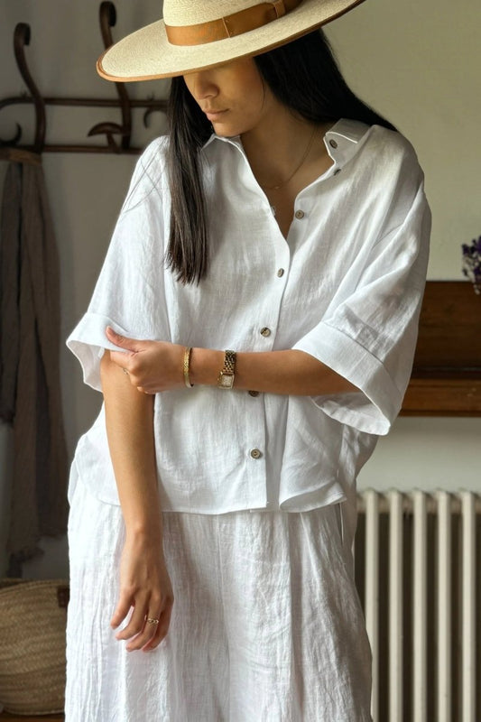 KALINDI – Plus Size Draped Linen Lapel Shirt