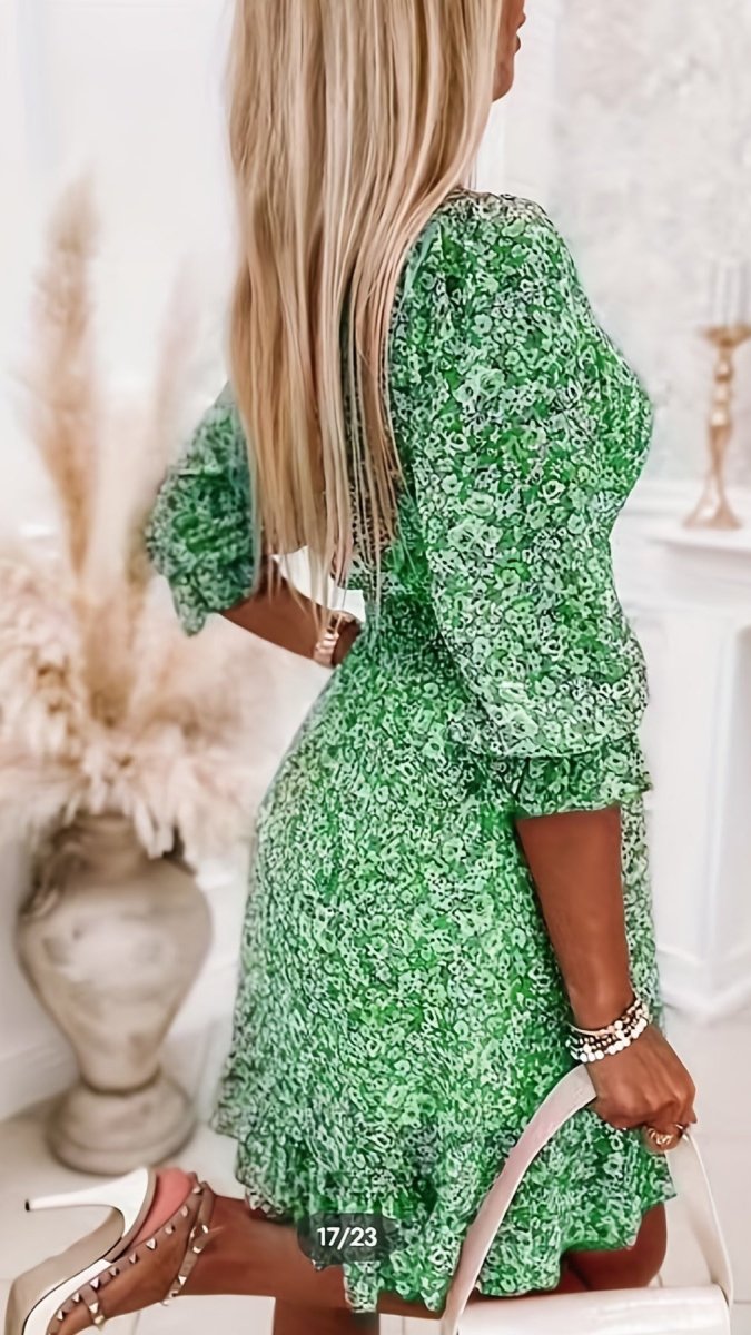 LUNAVERA - Women’s Bohemian Floral V-Neck Flutter Sleeve Dress