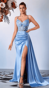 CELESTARA - Women’s Embroidered Lace Satin Slit Maxi Gown