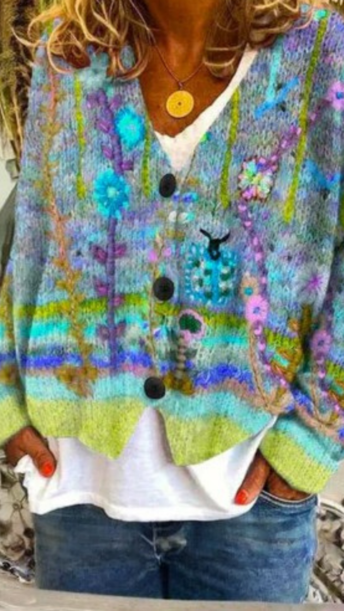 ELARA - Floral Knit Button Cardigan