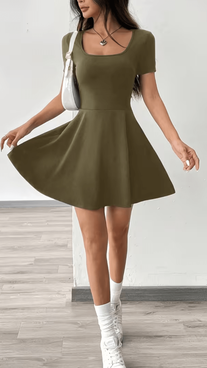 SOLÉNZA - Women’s Square Neck Fit and Flare Mini Dress