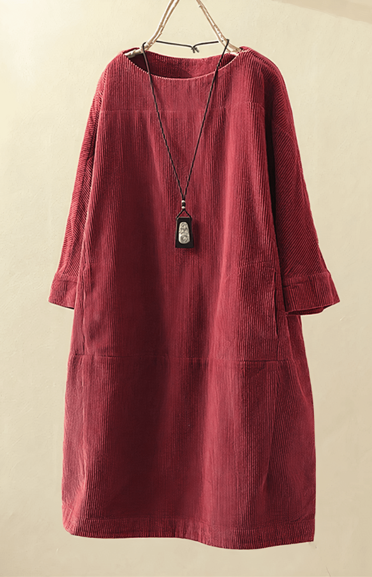 SOFTSTRIDE – Premium Corduroy Texture Midi Dress with Three-Quarter Length Sleeves