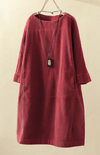 SOFTSTRIDE – Premium Corduroy Texture Midi Dress with Three-Quarter Length Sleeves