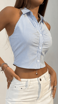 MARÉLINA - Striped Sleeveless Button Up Crop Shirt