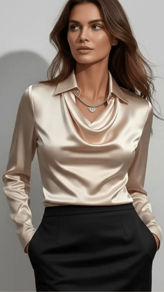ELYSIA - Draped Cowl Neck Satin Blouse