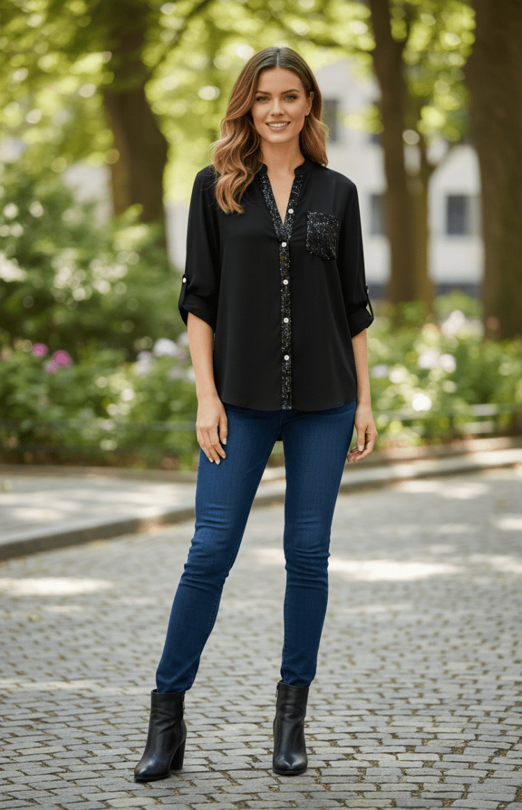 RAVINA – Soft Glitter Roll-Sleeve Blouse