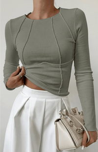 COZYELLE – Long Sleeve Cotton Blend Top Relaxed Fit with Elegant Piping