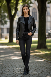 NOIRÉVA – Women’s Leather Jacket with Asymmetrical Zip and V-Collar Design
