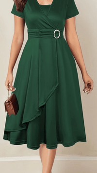 VELORÉA - Women’s Rhinestone V-Neck Asymmetrical Midi Dress