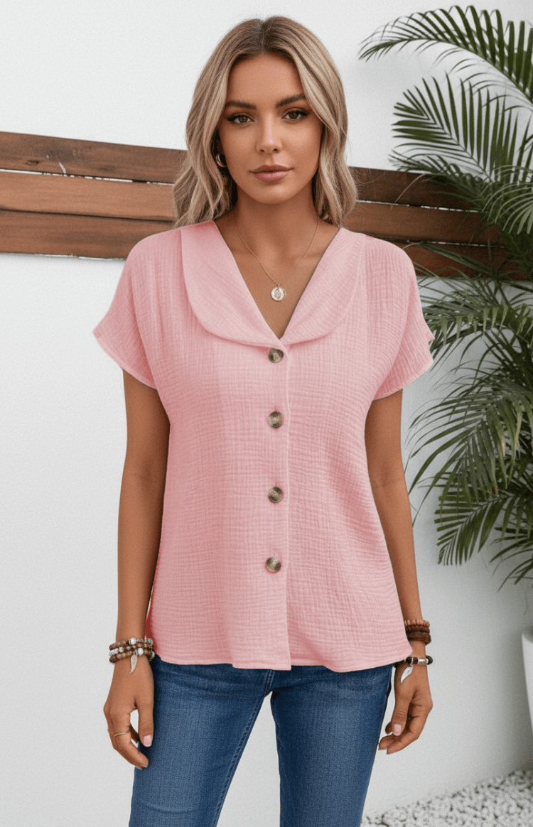 RIVELLA – Casual Button-Up T-Shirt with Chic Knotted Design