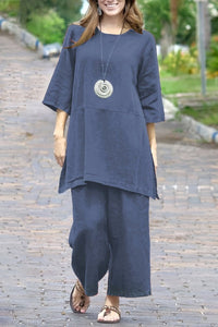 AUBRIANA – Plus Size Color-Block Linen Split Top & Wide-Leg Set