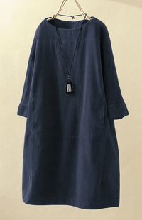 SOFTSTRIDE – Premium Corduroy Texture Midi Dress with Three-Quarter Length Sleeves