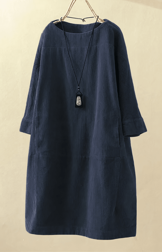 SOFTSTRIDE – Premium Corduroy Texture Midi Dress with Three-Quarter Length Sleeves