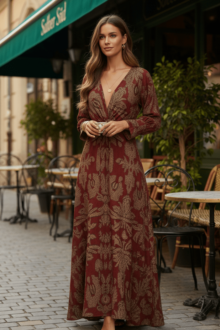 VIVIDERA – Women's Knotted Summer Maxi Dress Elegant V-Neck Cocktail Gown