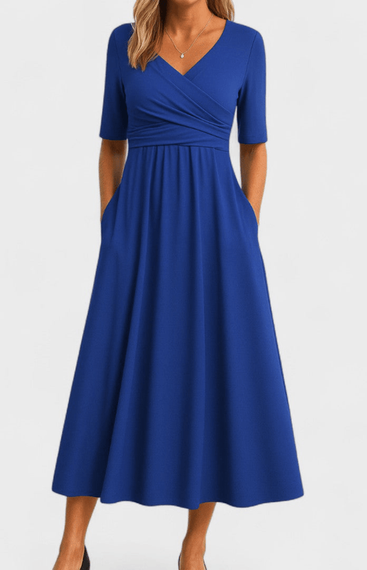 AVANÉ – Chic V-Neck Midi Dress for Elegant Occasions