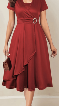 VELORÉA - Women’s Rhinestone V-Neck Asymmetrical Midi Dress