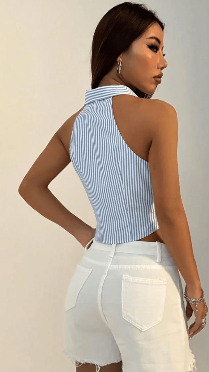MARÉLINA - Striped Sleeveless Button Up Crop Shirt