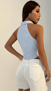 MARÉLINA - Striped Sleeveless Button Up Crop Shirt