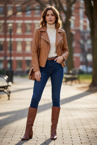 NOIRÉVA – Women’s Leather Jacket with Asymmetrical Zip and V-Collar Design