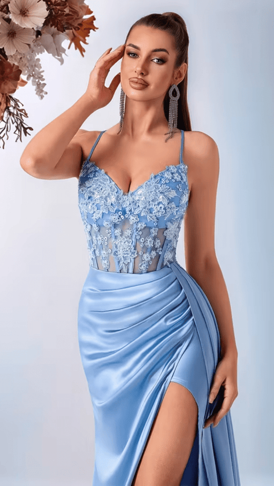 CELESTARA - Women’s Embroidered Lace Satin Slit Maxi Gown