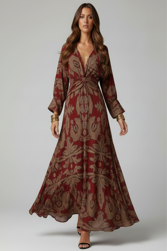 VIVIDERA – Women's Knotted Summer Maxi Dress Elegant V-Neck Cocktail Gown