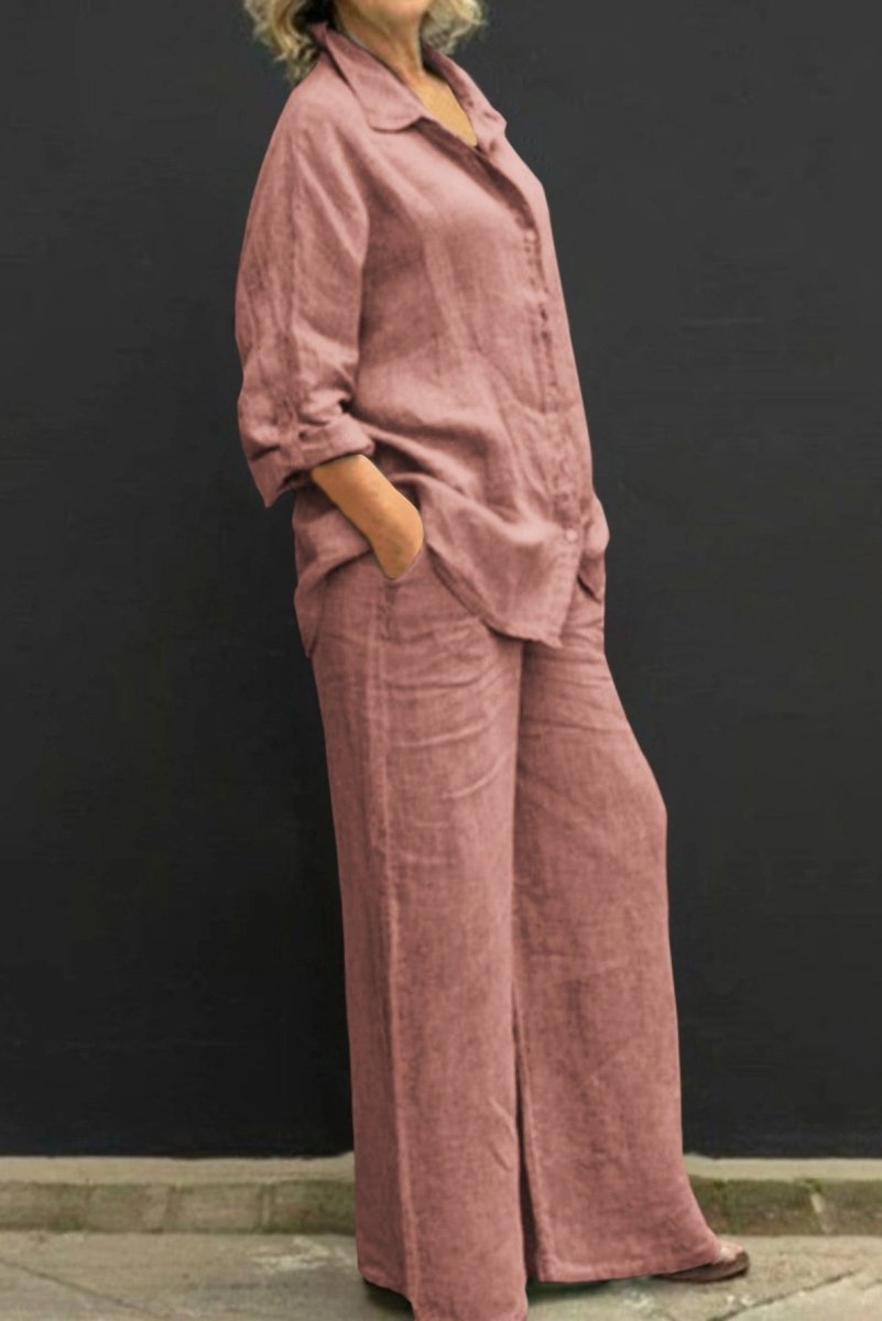 ALYONA – Relaxed Linen Collared Top & Loose Straight Pants