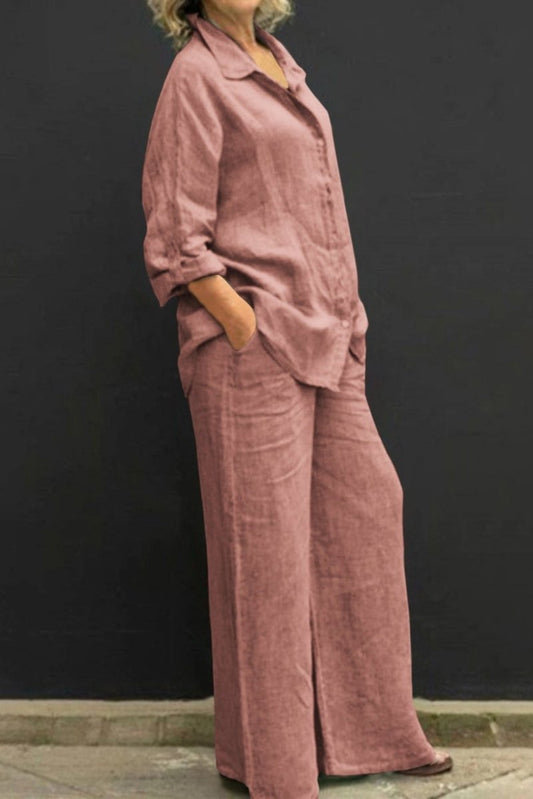 ALYONA – Relaxed Linen Collared Top & Loose Straight Pants